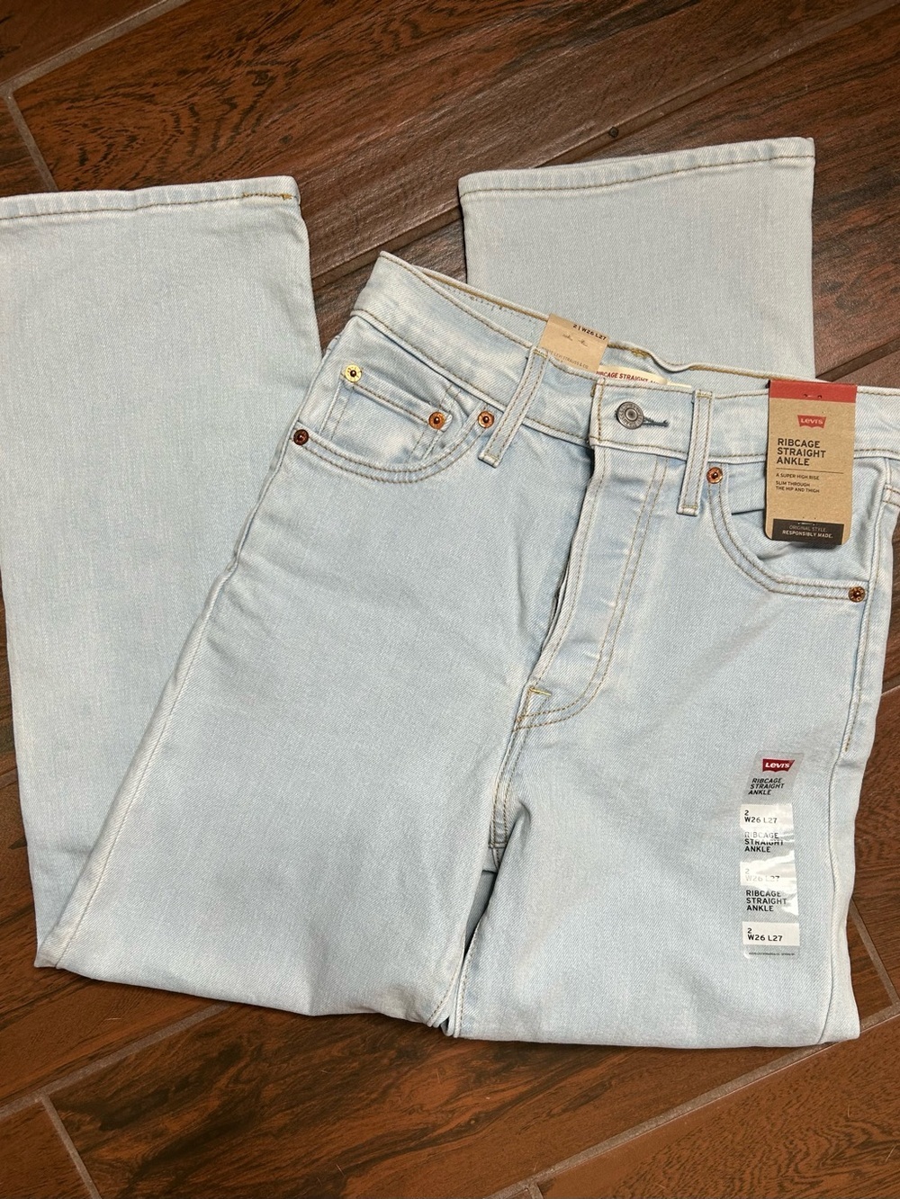 Levi’s Ribcage Straight Ankle High Rise Light Wash Distressed Jeans Womens 26